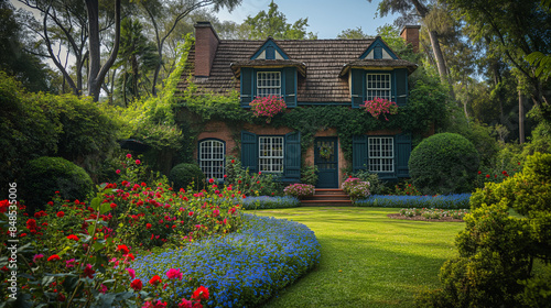 classic house with garden , flowers 