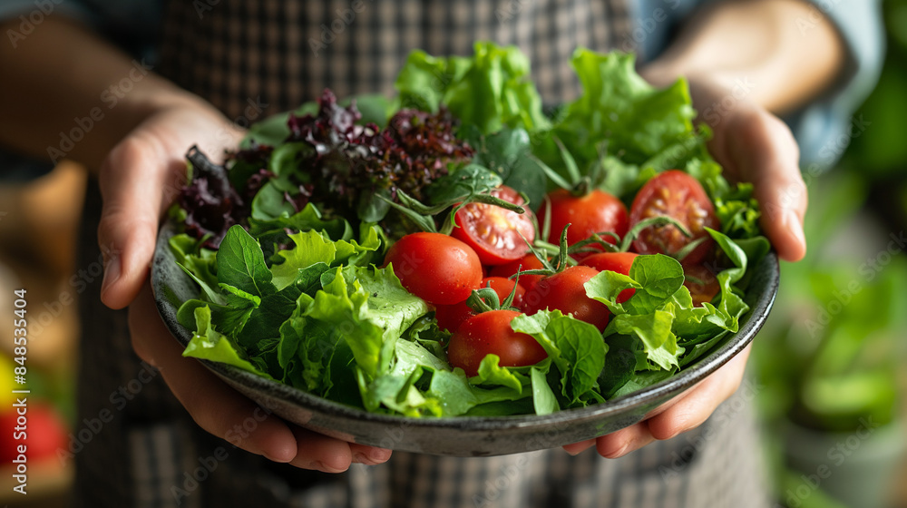person holding a a plate salad with vegetable and tomatoes person holding a a plate salad with vegetable and tomatoes