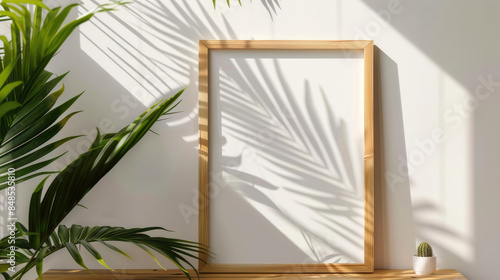 Clean wooden frame mockup close up standing near green tropical leaf