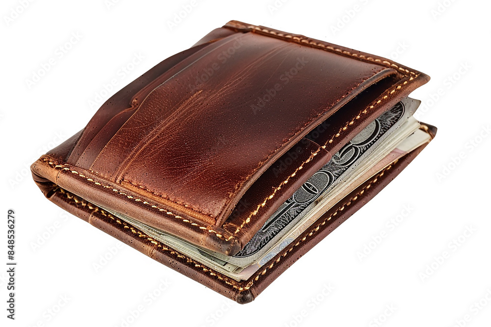 Leather Wallet with Cash and Cards: Brown Business Purse Isolated on White Background Leather Wallet with Cash and Cards: Brown Business Purse Isolated on White Background