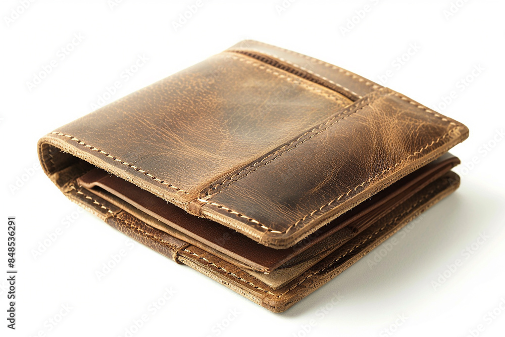 Leather Wallet with Cash and Cards: Brown Business Purse Isolated on White Background Leather Wallet with Cash and Cards: Brown Business Purse Isolated on White Background