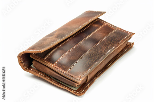 Leather Wallet with Cash and Cards: Brown Business Purse Isolated on White Background