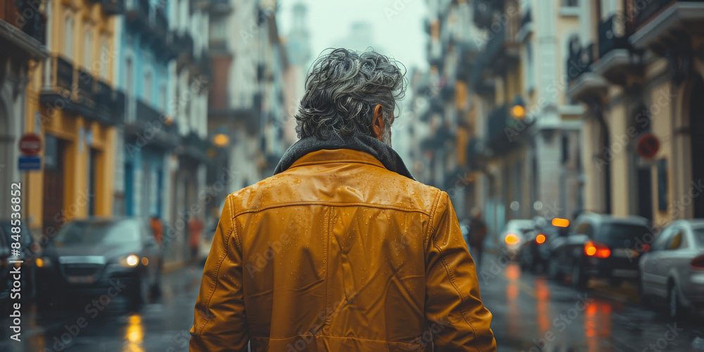 Mature Hispanic Man Walking Through Autumn Street Mature Hispanic Man Walking Through Autumn Street