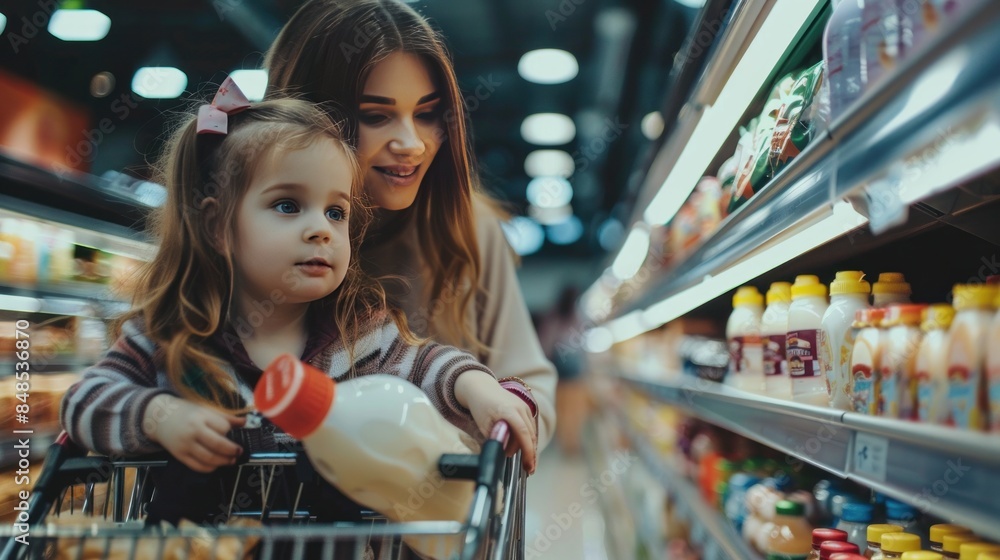 Young beautiful mother holding pushing shopping cart with her child in supermarket. Girl is choosing daily milk product picking up from shelf with her mother beside. Shopping for healthy Young beautiful mother holding pushing shopping cart with her child in supermarket. Girl is choosing daily milk product picking up from shelf with her mother beside. Shopping for healthy