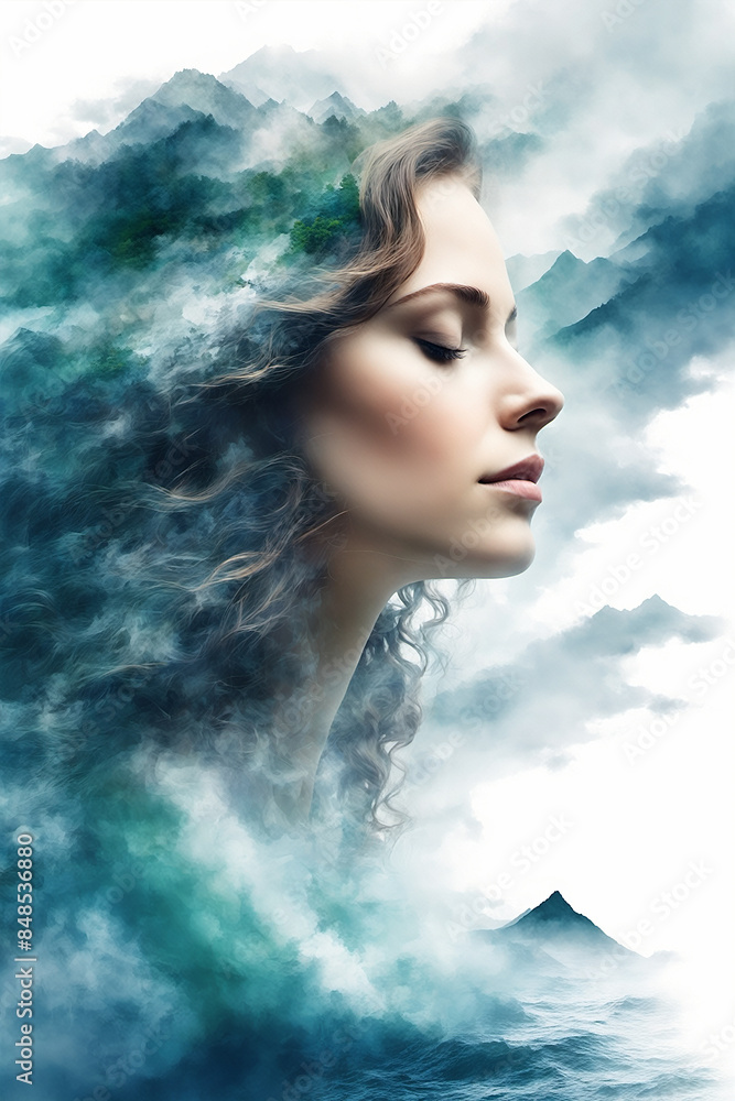 Young Woman's Face Blended with Waves, Mountains, and Forest in Dreamy Double Exposure - Generative AI Young Woman's Face Blended with Waves, Mountains, and Forest in Dreamy Double Exposure - Generative AI