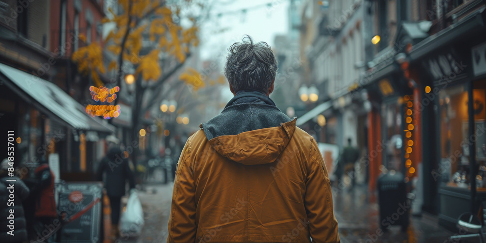 Fototapeta premium Mature Hispanic Man Walking Through Autumn Street