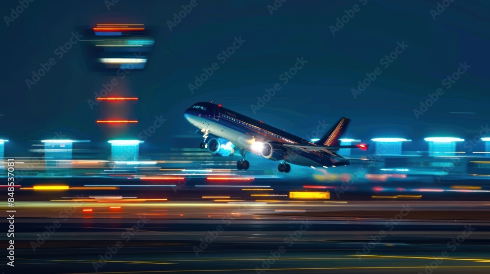 Airplane during take off on airport runway at night against air traffic control tower Airplane during take off on airport runway at night against air traffic control tower