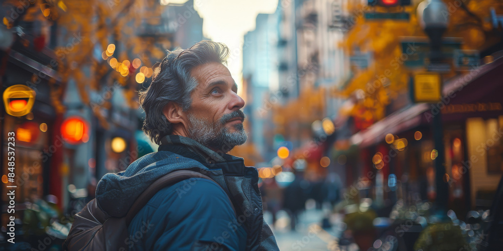 Obraz premium Mature Hispanic Man Walking Through Autumn Street