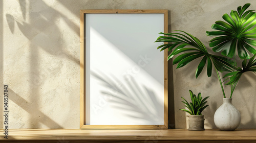 Clean wooden frame mockup close up standing near green tropical leaf