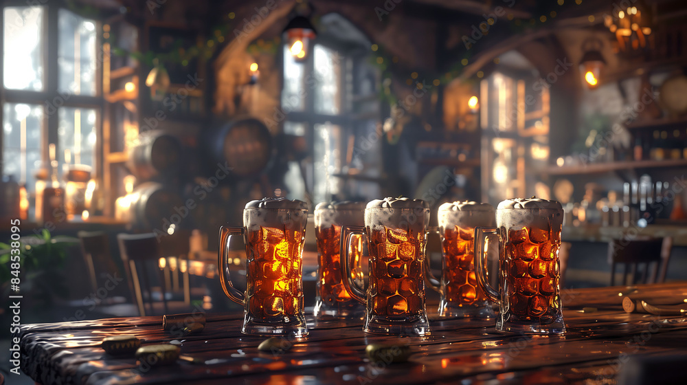 Photorealistic, several mugs of beer in a row on a table on a bar, concept of brewing, beer production, bar culture, traditional gatherings, photo of mugs of beer in a cozy bar Photorealistic, several mugs of beer in a row on a table on a bar, concept of brewing, beer production, bar culture, traditional gatherings, photo of mugs of beer in a cozy bar