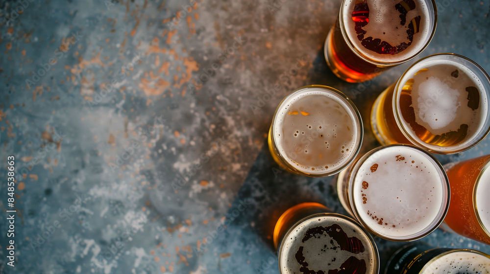 Photorealistic image of beer glasses on a table, top view, concept of brewing, bar culture, traditional celebrations, photo of beer mugs on top, free space for text Photorealistic image of beer glasses on a table, top view, concept of brewing, bar culture, traditional celebrations, photo of beer mugs on top, free space for text