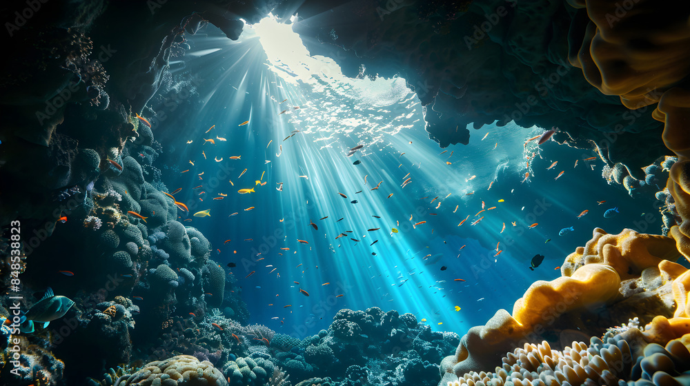 魚の群れと光の筋が差し込む海中洞窟 Stock Illustration | Adobe Stock