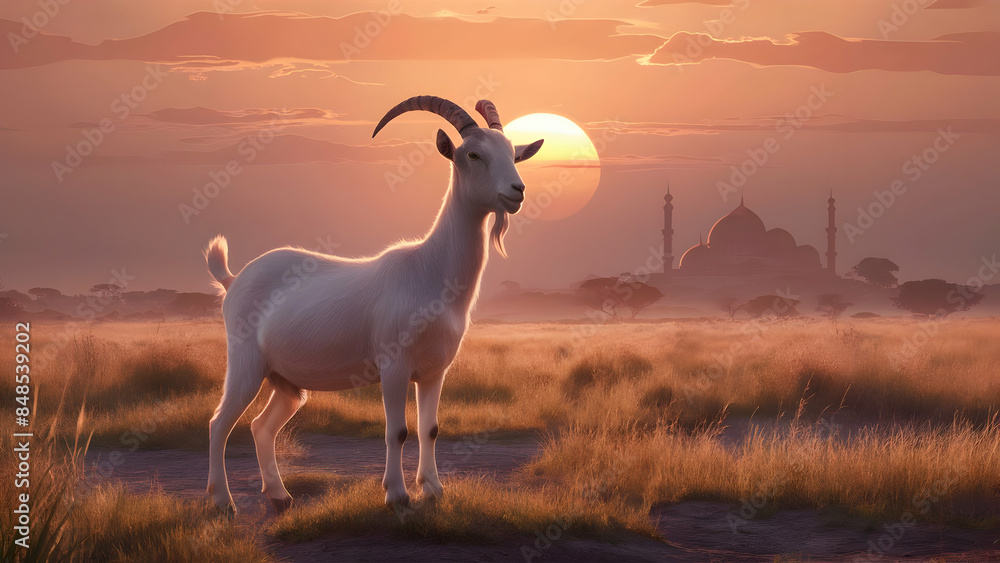 Obraz premium Photorealistic scene goat savanna bathed in warm light