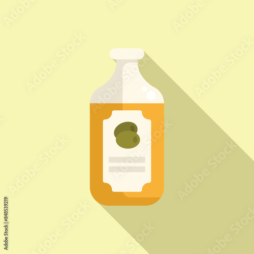 Glass bottle containing olive oil with a label showing olives, for cooking and salad dressing