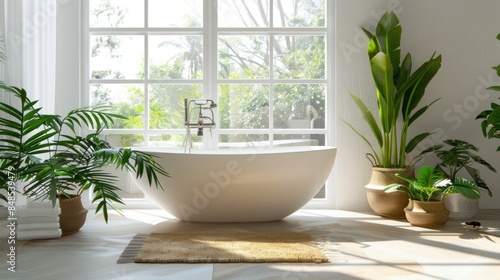 A large white bathtub sits in a bathroom with a view of a lush green garden