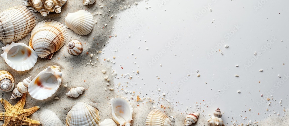 Sea shells and sand on a white background Sea shells and sand on a white background
