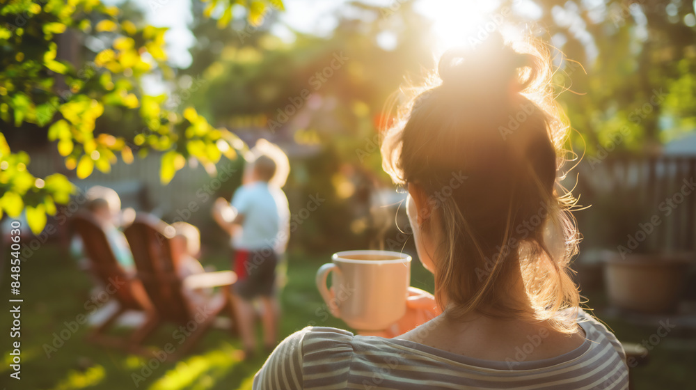Sunny photo of a woman having a hot drink while watching kids playing outdoors in the blurry background. Medium shot from behind Sunny photo of a woman having a hot drink while watching kids playing outdoors in the blurry background. Medium shot from behind