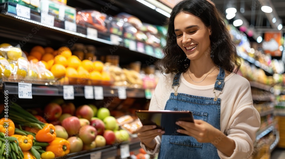 A woman is shopping in a grocery store and is using a tablet to look at the items. A woman is shopping in a grocery store and is using a tablet to look at the items.