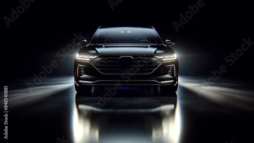 Sleek Black Luxury Car with Headlights in Dark Ambiance photo