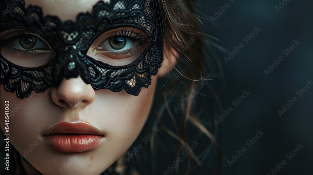 Close up of a beautiful mysterious young woman with black lace mask over her eyes on black background Close up of a beautiful mysterious young woman with black lace mask over her eyes on black background