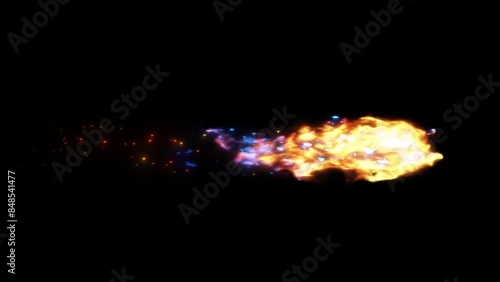 Magic missile rocket projectile flying through the air with colorful trails and glowing embers and sparks on its tail - 4K Pro Res with mask pass, 60 fps