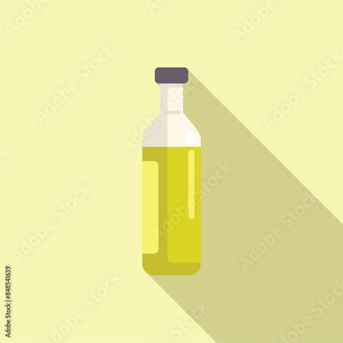 Closed green glass bottle of extra virgin olive oil casting a long shadow on a yellow background