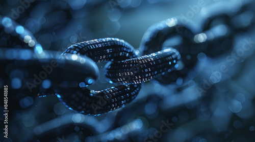 Close-up of metallic chain links with binary code, representing blockchain technology and digital security concepts.