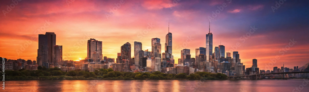 Obraz premium Long panorama of the evening big city embankment. City skyline and citytowers at banner. Computer graphic illustration.