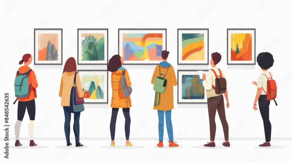 Group of diverse individuals observing modern abstract art in a gallery setting, highlighting cultural engagement. Group of diverse individuals observing modern abstract art in a gallery setting, highlighting cultural engagement.