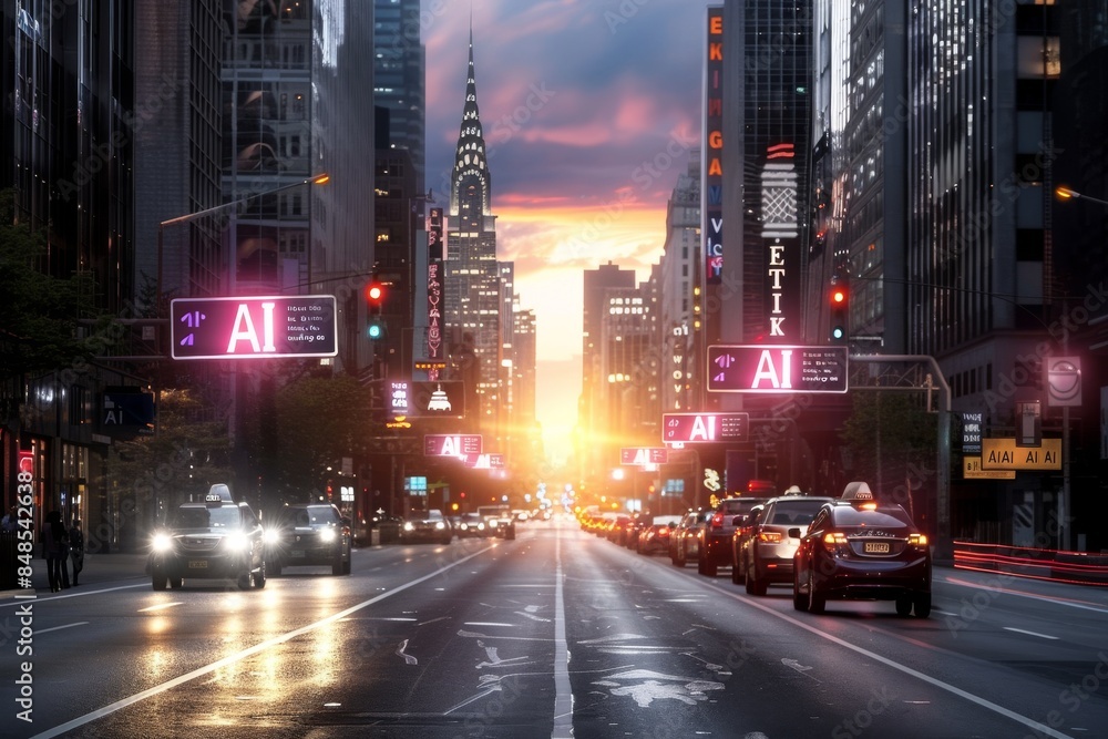 Obraz premium AI Cityscape with Glowing Elements and Digital Technology in Urban Setting