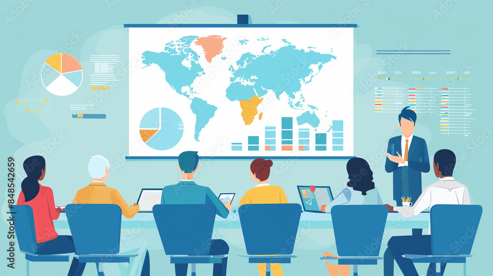 Flat illustration of an executive meeting discussing global expansion with data projections, flat illustrations, business, office, with copy space Flat illustration of an executive meeting discussing global expansion with data projections, flat illustrations, business, office, with copy space
