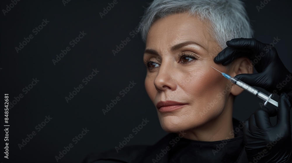 Obraz premium Beautiful mature woman receiving botox injection in her face at beauty salon, black background poster copy space