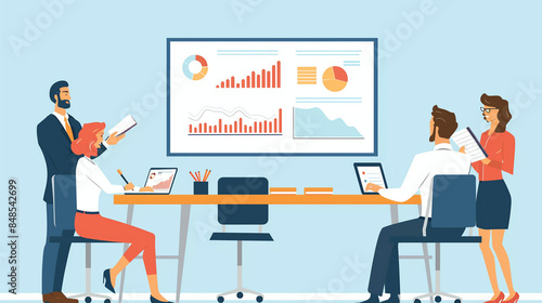 A flat illustration of a Presentation of quarterly financial results with team members taking notes, flat illustrations, business, office, with copy space