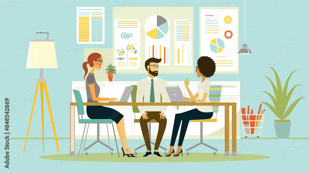 A flat illustration of a HR team discussing employee engagement survey results, flat illustrations, business, office A flat illustration of a HR team discussing employee engagement survey results, flat illustrations, business, office