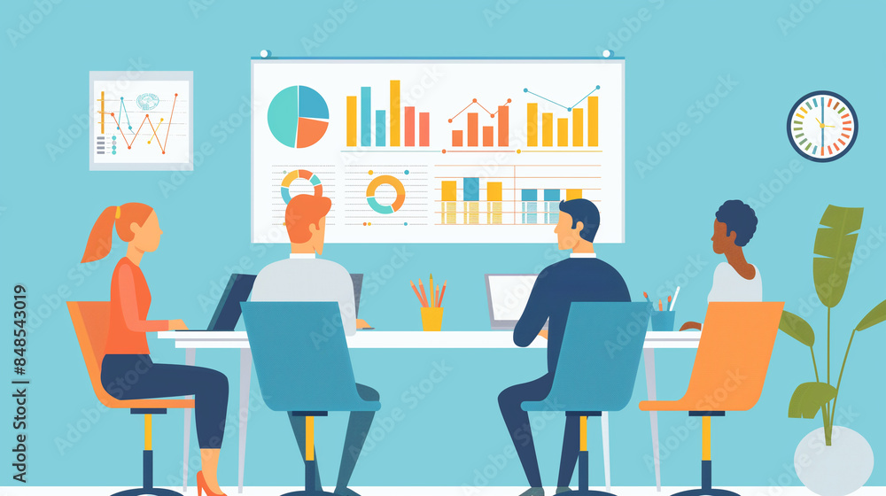 Fototapeta premium Flat illustration of a sales team planning based on quarterly results, flat illustrations, business, office, with copy space