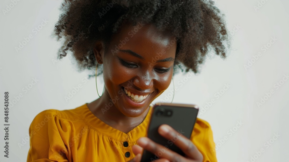 Happy woman with afro hair using smartphone to browse internet and connect on social media, radiating cheerful energy in a contemporary portrait Happy woman with afro hair using smartphone to browse internet and connect on social media, radiating cheerful energy in a contemporary portrait
