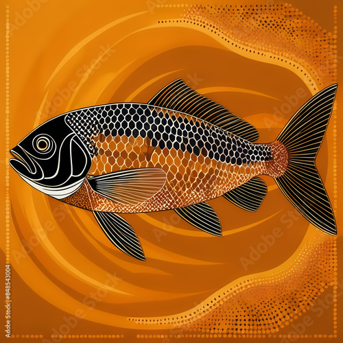 Artistic depiction inspired by an Australian Outback billabong, featuring a fish rendered in ocher colors, perfect for illustrations or decorations with an authentic Australian theme