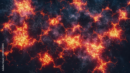 An abstract representation of a nebula with vibrant orange and red tones juxtaposed against dark cool backgrounds, suggesting cosmic fire and energy photo