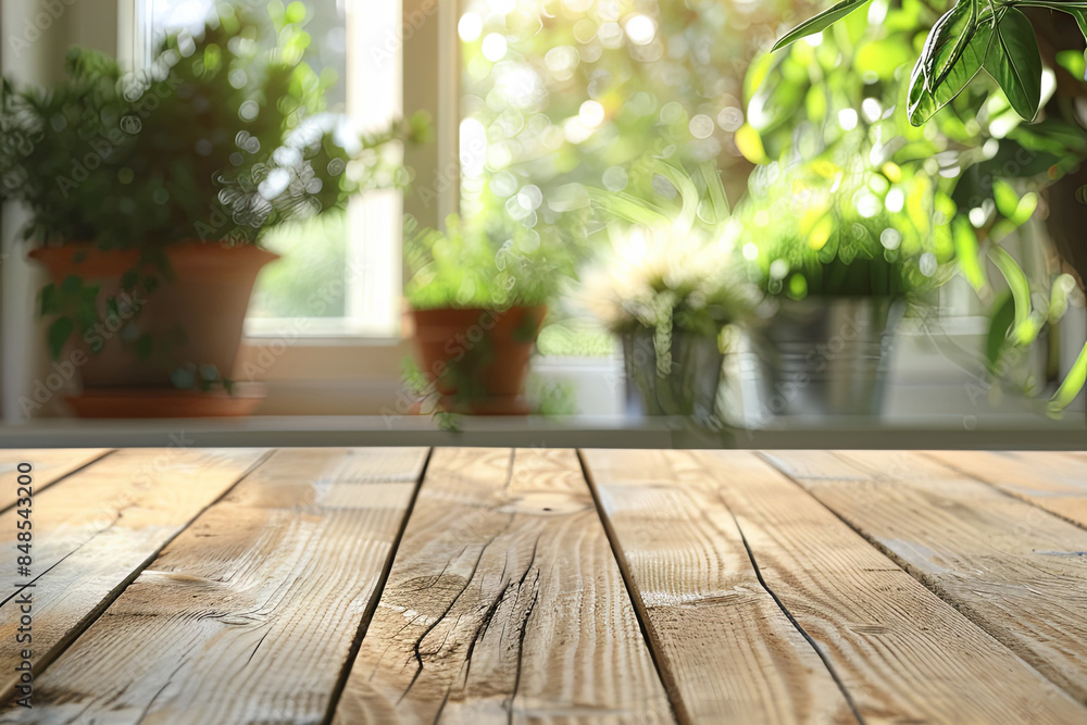 empty wooden table in the foreground; blurred background with green piants against a window. wooden background empty wooden table in the foreground; blurred background with green piants against a window. wooden background