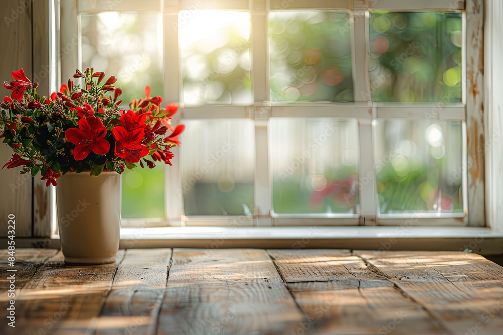 Fototapeta premium empty wooden table in the foreground. blurred background with flowers in vase against a window. wooden background.