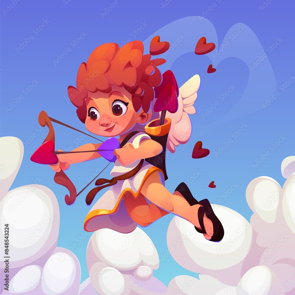 Cupid in a colorful sky, surrounded by clouds, shoots arrows, embodying love and romance Cupid in a colorful sky, surrounded by clouds, shoots arrows, embodying love and romance