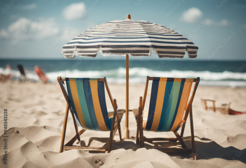 Obraz premium Beach Umbrella With Beach Chairs on Beach