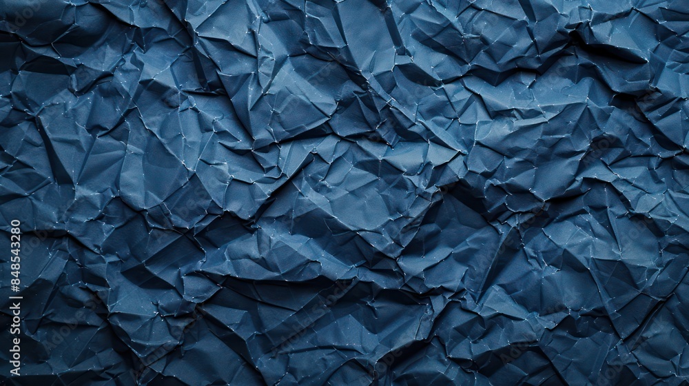 Detailed image showing the texture and patterns of a crumpled piece of blue paper with shadows and highlights Detailed image showing the texture and patterns of a crumpled piece of blue paper with shadows and highlights