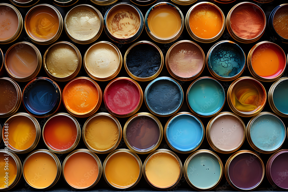Close-up photo of open cans filled with various vibrant colors, showcasing a rich and diverse palette. Perfect for use in art blogs, painting tutorials, and creative design projects. Close-up photo of open cans filled with various vibrant colors, showcasing a rich and diverse palette. Perfect for use in art blogs, painting tutorials, and creative design projects.