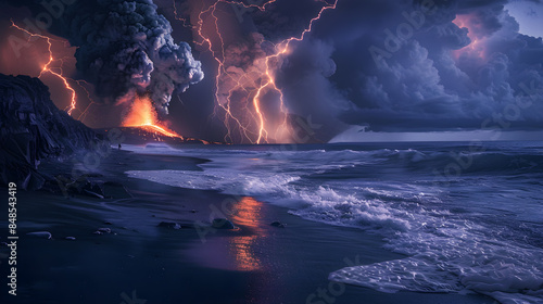 Volcanic Lightning Over Black Sand Beach