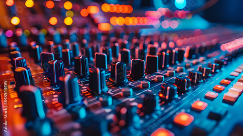 Close-up photo of an audio mixing console with illuminated buttons and knobs in a vibrant music studio setting. Perfect for use in music production blogs, recording studio promotions