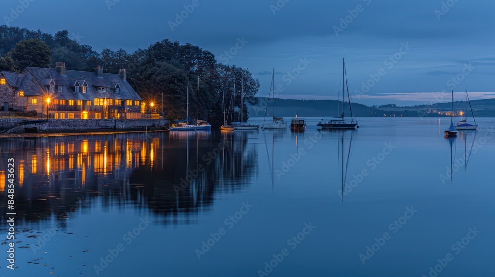 Fototapeta premium A serene image capturing lakeside houses with lit windows and sailboats reflected on calm water during the blue hour