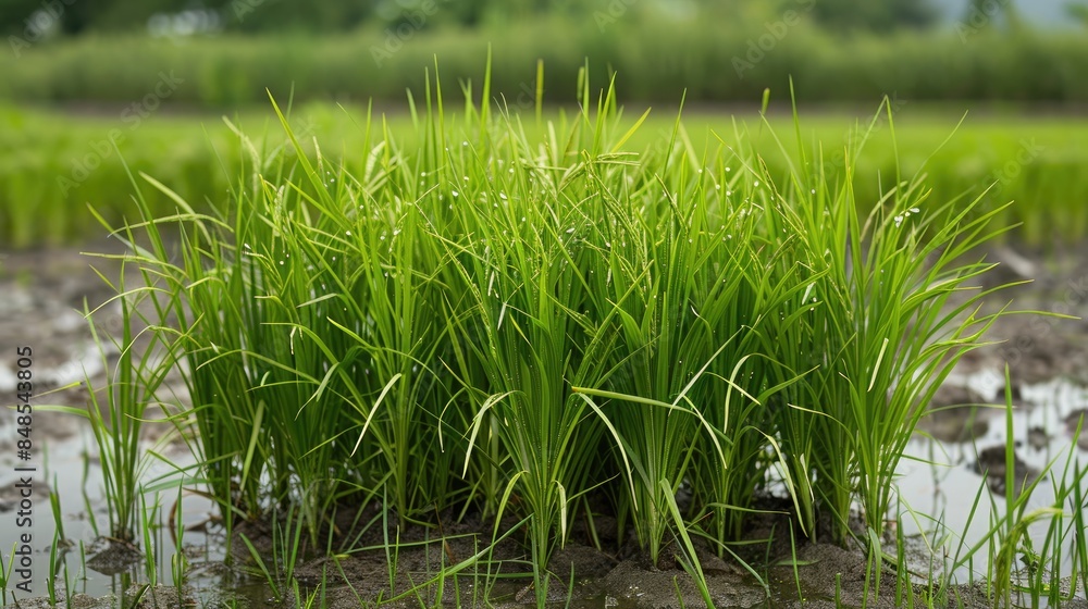 Obraz premium The rice growing in the field is beginning to mature