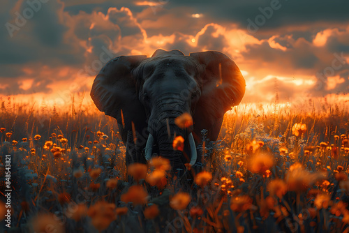 Dramatic photo of an elephant standing in a field of flowers, illuminated by the warm glow of a sunset. Perfect for wildlife photography collections, conservation campaigns, and nature-themed decor. © Yuliia