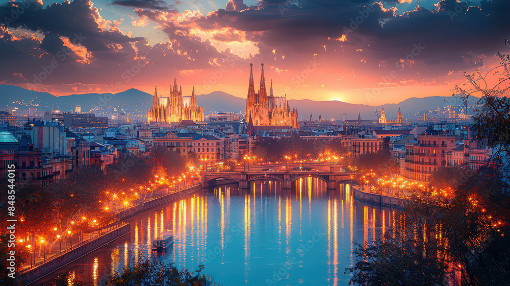 Fototapeta premium Barcelona, Spain city skyline created with Generative AI technology